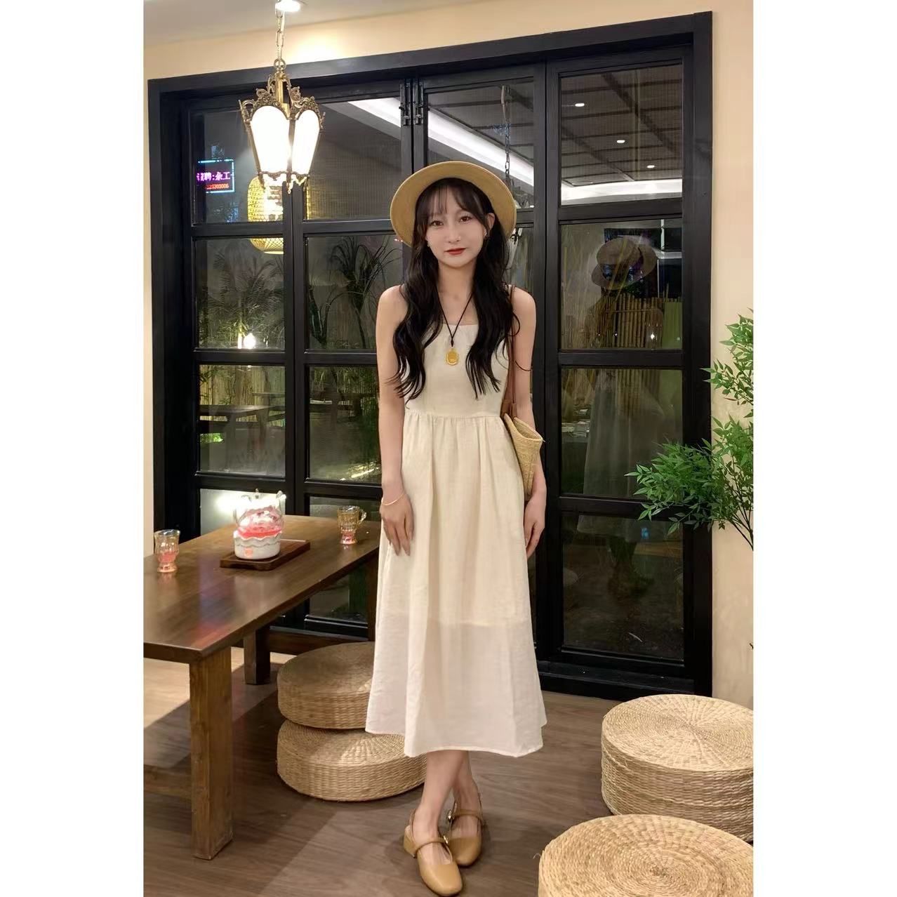 【现货】春季新款杏色显瘦法式气质复古中长款连衣裙-91765