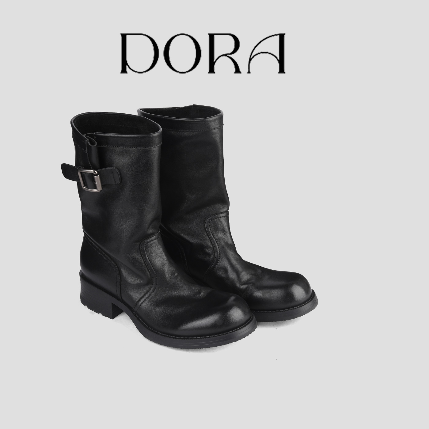 丨一朵丨水洗马皮中筒靴时尚皮带扣骑士靴