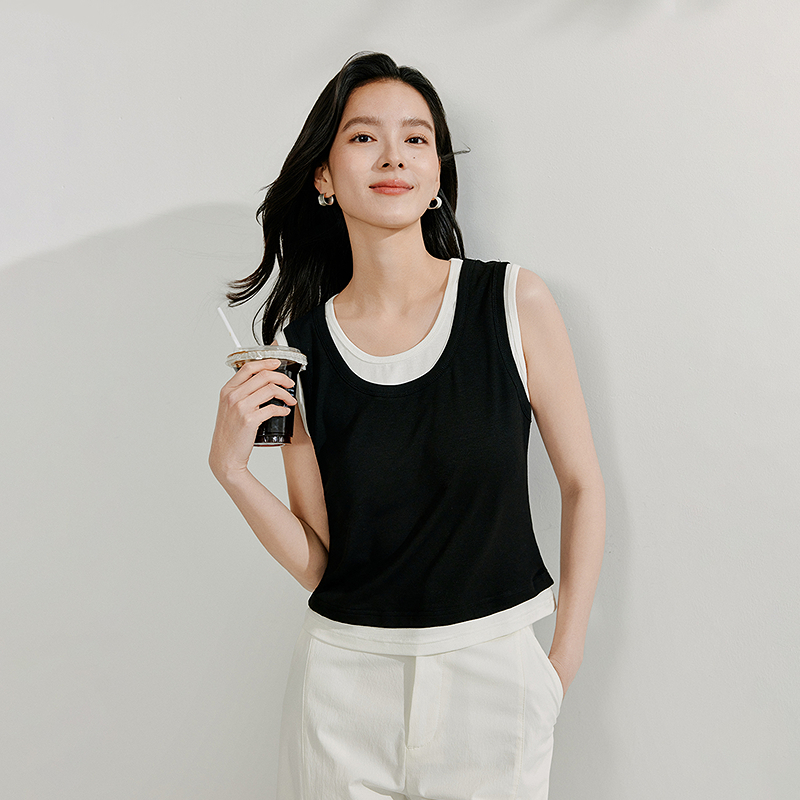 【欧若风新品】茵曼夏季简约百搭撞色假两件背心设计感内搭无袖上衣