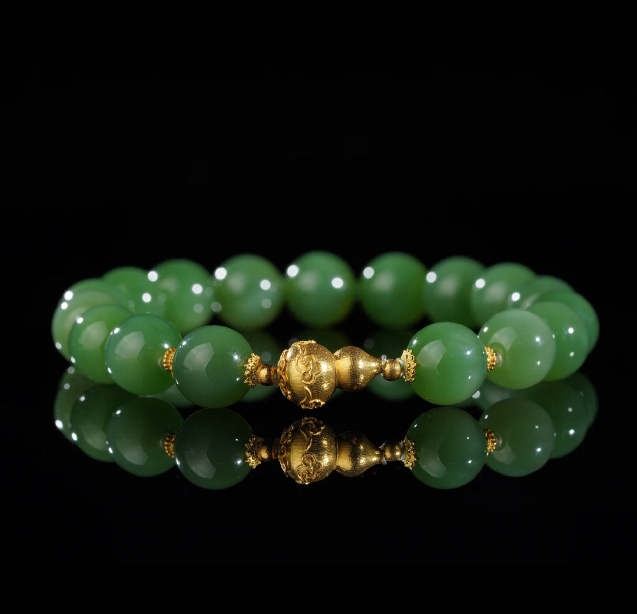 【华林同庆】玉福｜18k金和田玉碧玉圆珠葫芦手串 9mm P168