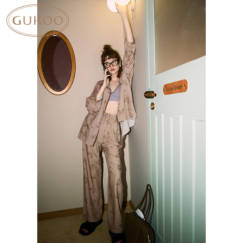 Gukoo/果壳睡衣女春秋新款蝴蝶暗纹满印家居服套装高级感