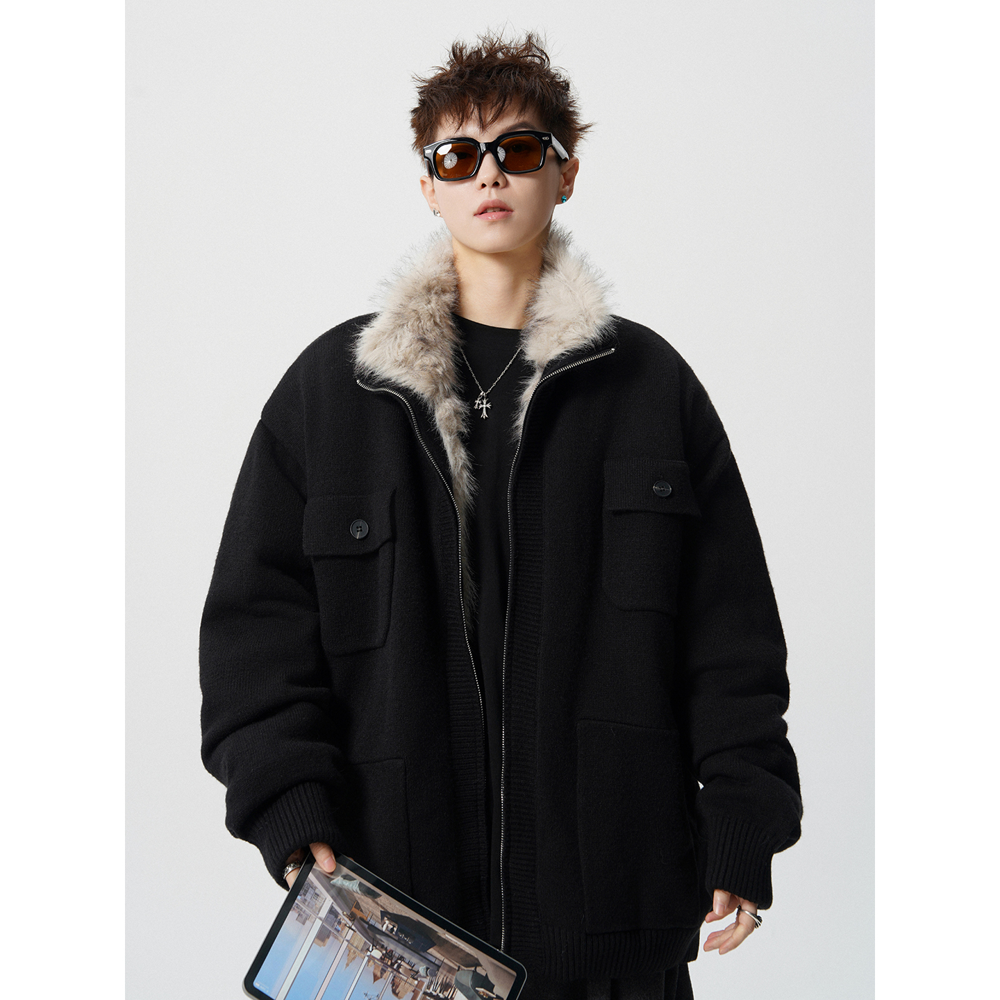 座山雕毛领冬季新款加绒保暖加厚毛领宽松男女可穿宽松夹克外套潮