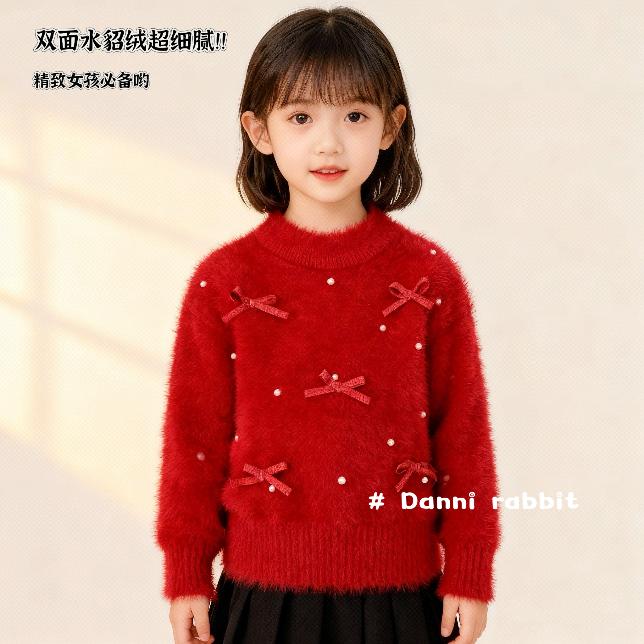 「Dannirabbit」【水貂绒】冬款&女童亲子装甜美珍珠蝴蝶毛衣【X-8750】