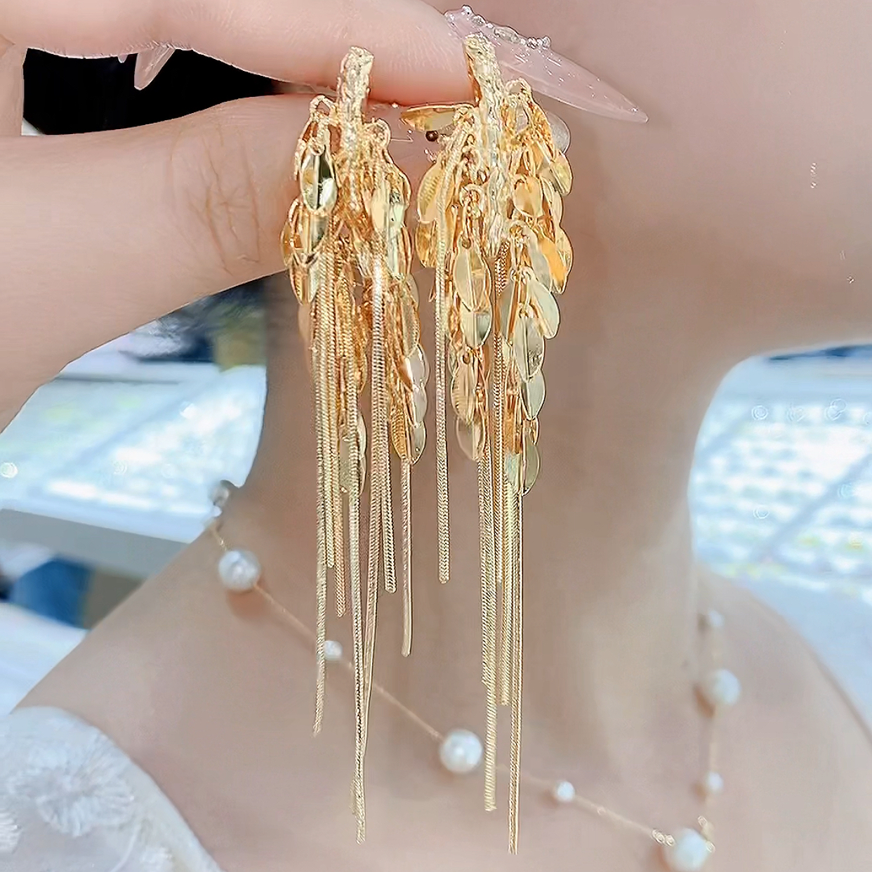 铜合金耳饰 865-枝繁叶茂日韩植物花卉轻奢唯美百搭耳环金色长款