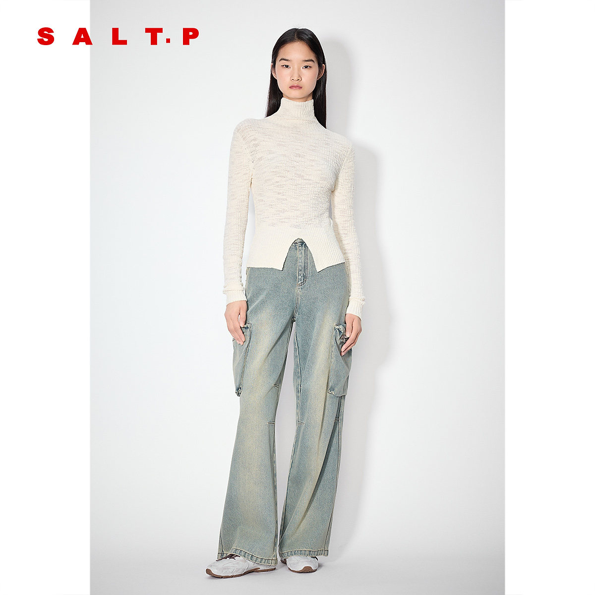 SALT.P可颜米白肌理感高领开叉修身长袖针织衫女2025年秋季新款
