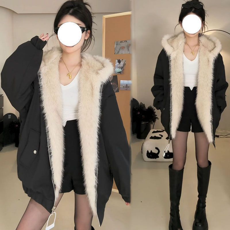 两面穿毛毛外套复古宽松拼接连帽美式冬季保暖潮流设计