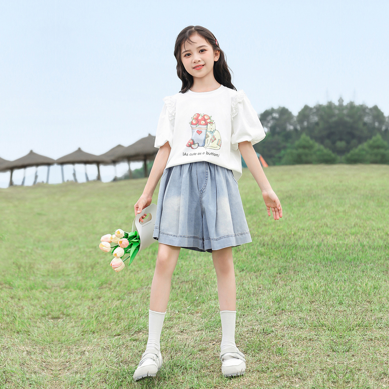 卡通印花短袖+牛仔短裤25555