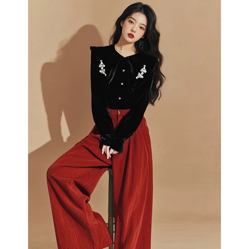 4090+4084轻熟高级感穿搭复古黑色翻领丝绒衬衫显瘦高腰裤套装