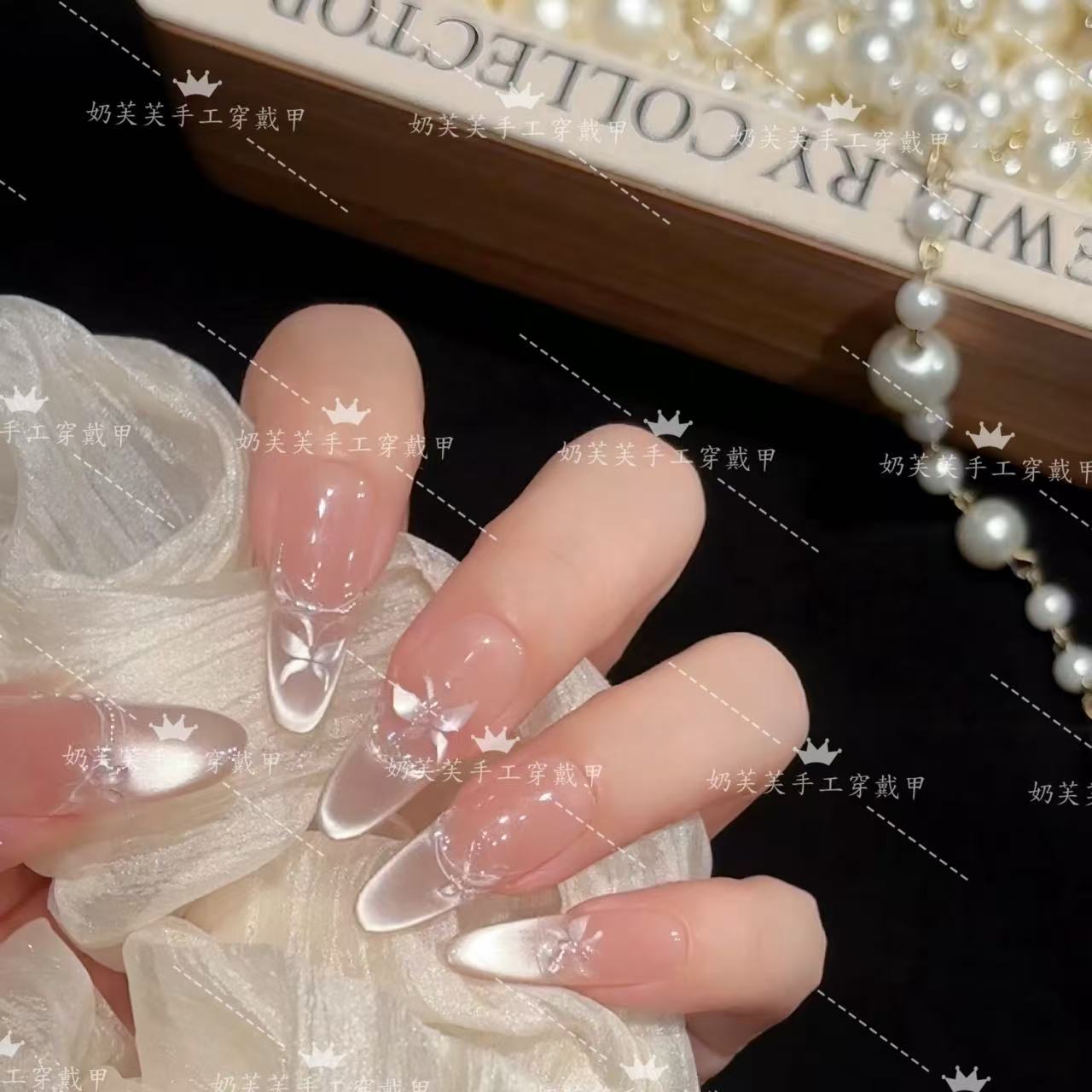 【蝶蝶不休】运补3-5 元猫眼纯手工法式手绘显白美甲穿戴光疗甲10片