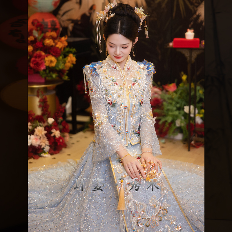 蓝色秀禾服婚服2025新款中式结婚礼服敬酒服显瘦嫁衣新娘修身夏季