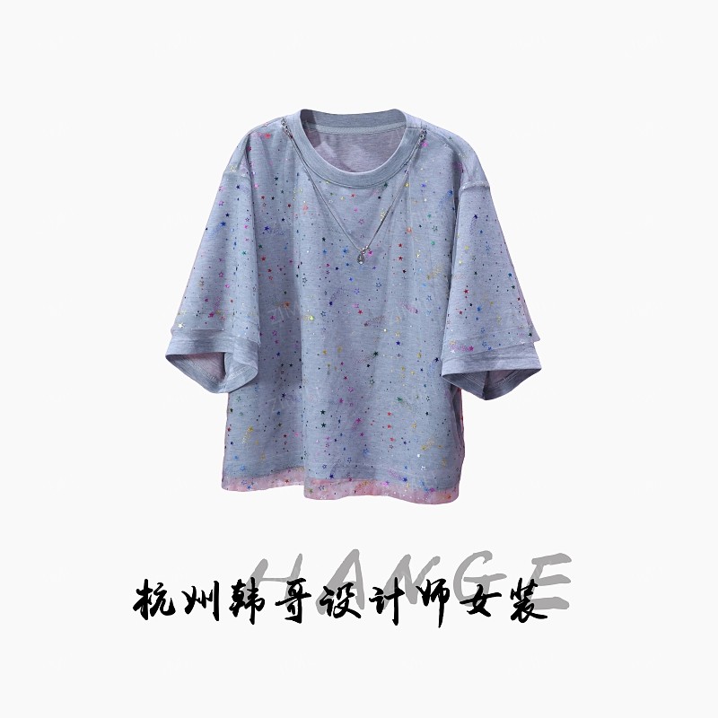 【韩哥女装】2025欧版轻薄透气高级灰拼接网纱假两件短袖8793-C8