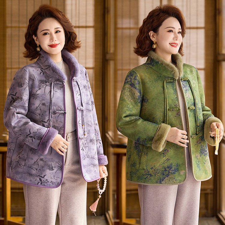 MX797中年妈妈冬装加绒加厚外套冬季女装宽松中式立领双面穿上衣