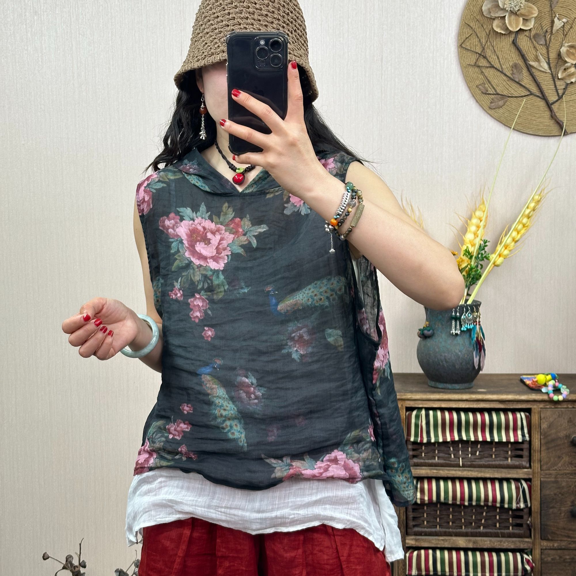 百分百苎麻圆领文艺风连帽女夏季短款圆领薄款套头透气马夹上衣