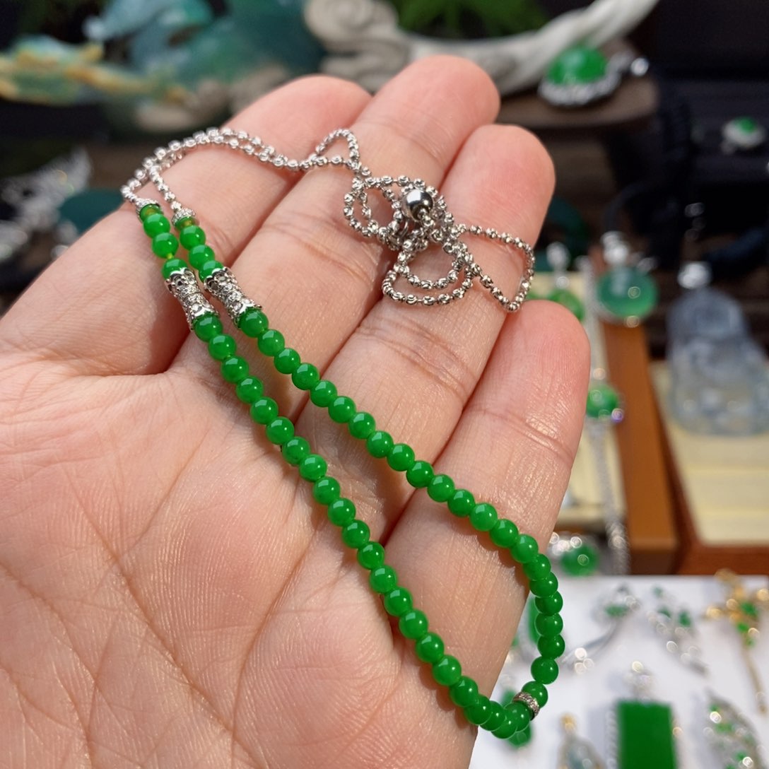 翡翠手链18K金镶嵌阳绿项链珠串两用款