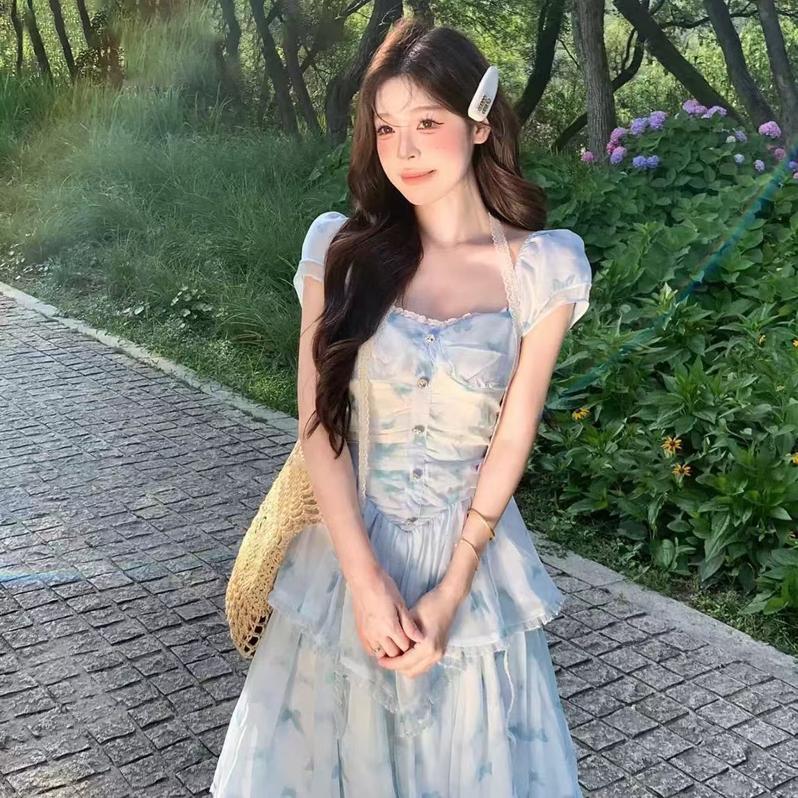 现货秒发--夏季甜美风蝴蝶印花长裙拼接蕾丝花边连衣裙