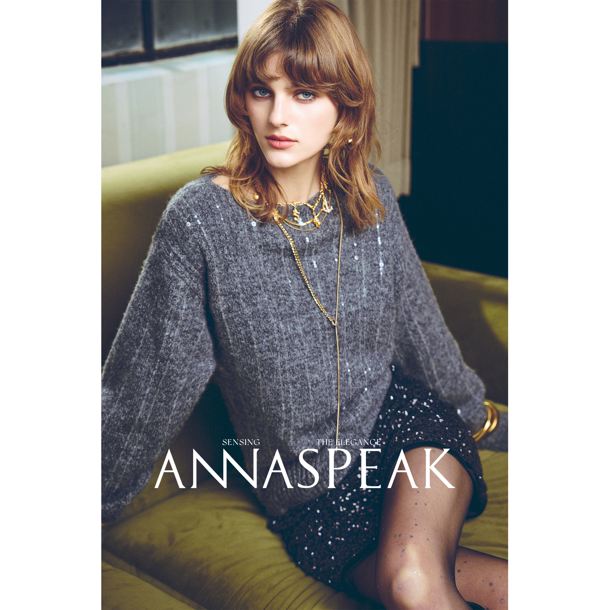 ANNASPEAK“Galaxy"重工珠片绣一字领真丝羊绒拉毛针织衫羊毛毛衣