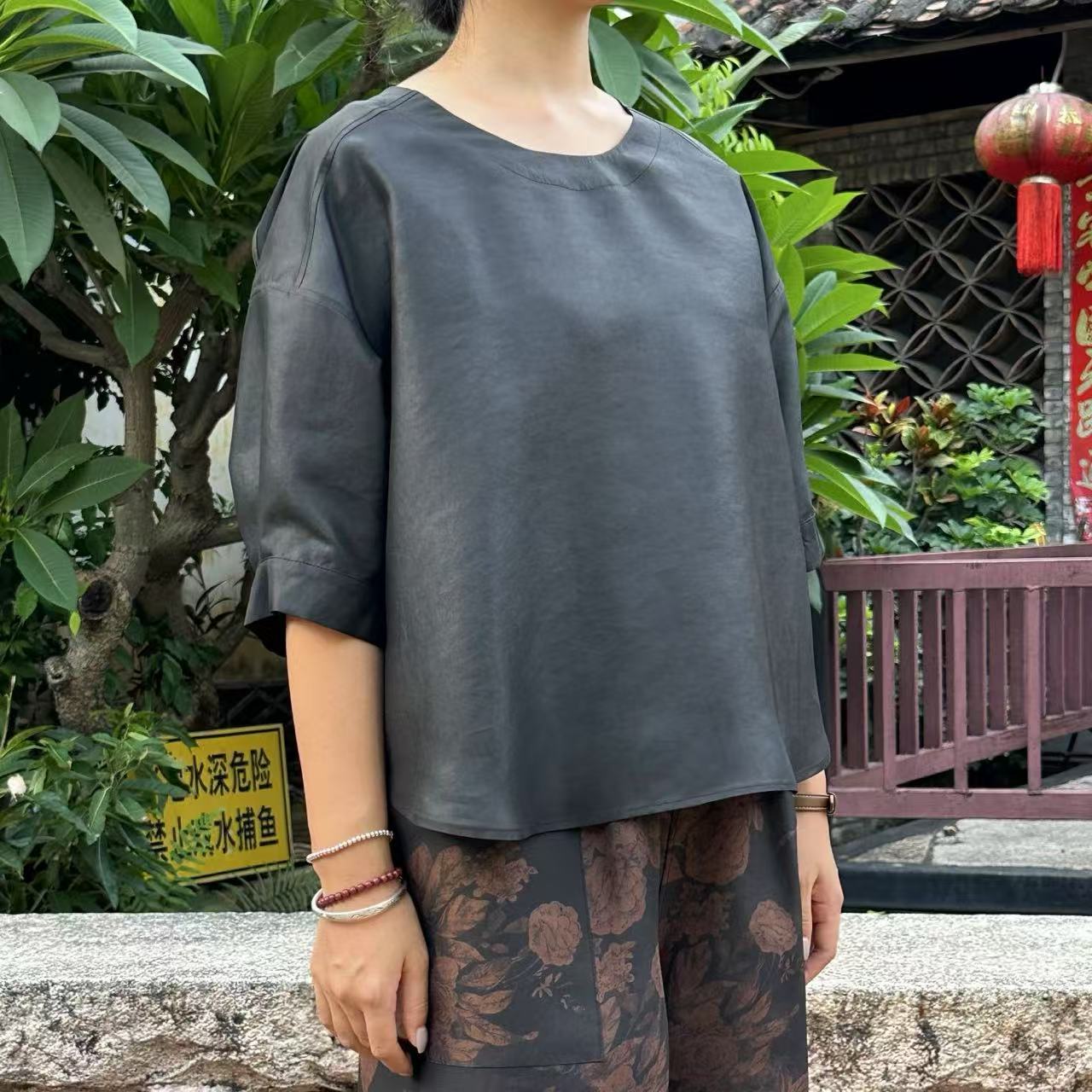 艾可原创 套头上衣 双面穿 电力纺前喷印花香云纱 长65起