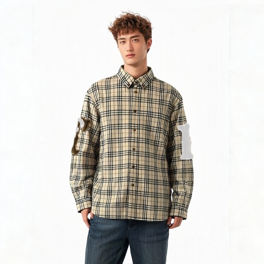 未使用 BURBERRY/博柏利 MXCC 手臂植绒logo格纹翻领衬衫 米色