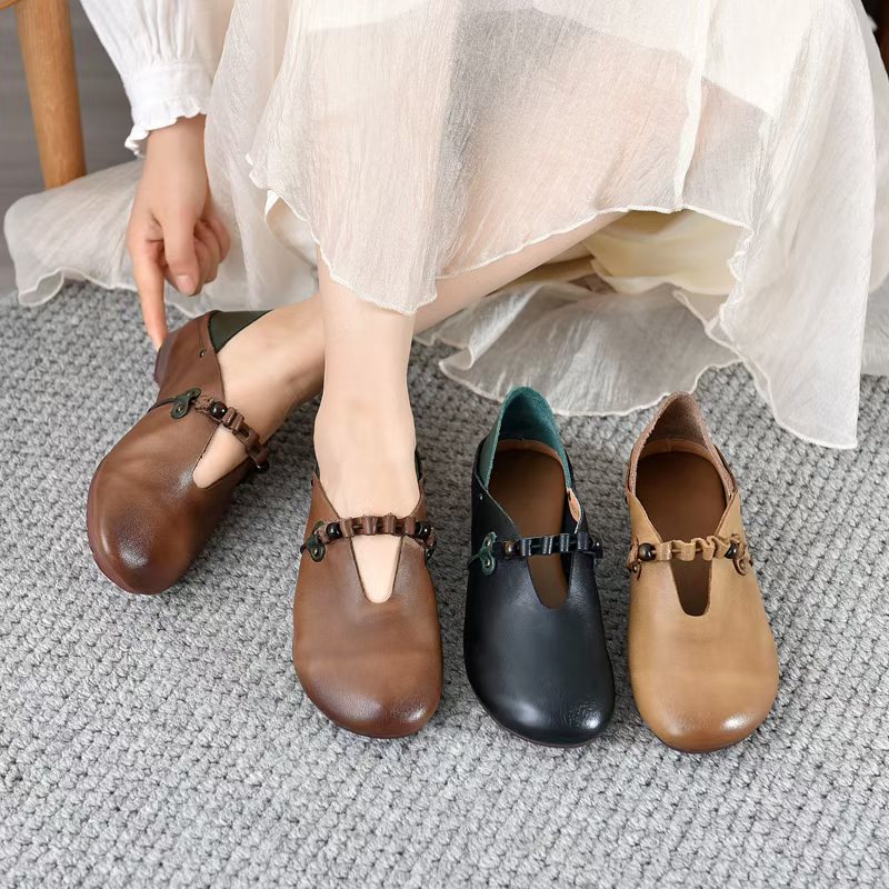 2025秋季新款复古女鞋真皮女鞋单鞋浅口圆头平底百搭舒适软底198