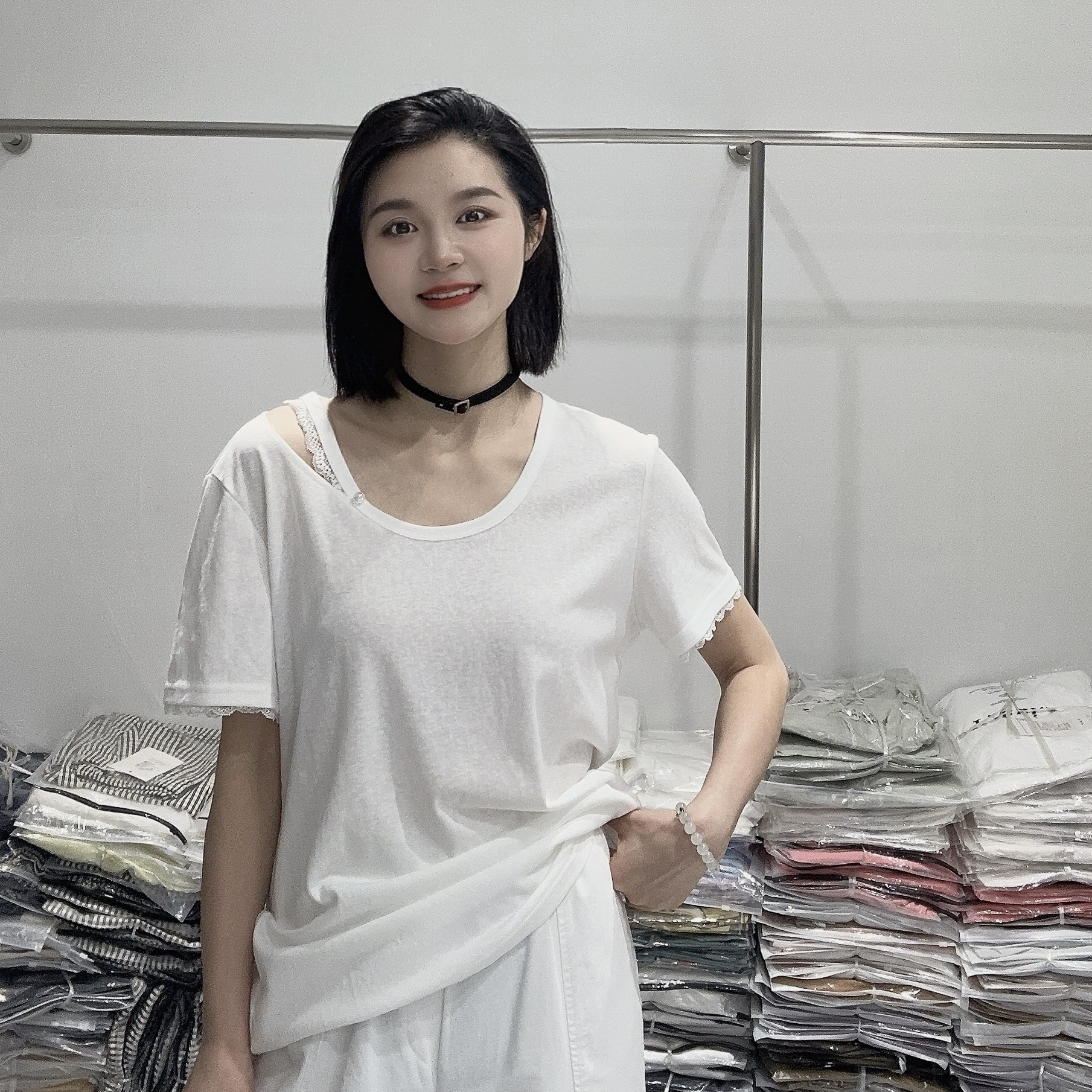 LMM 9239 夏季新款圆领宽松显瘦镂空钩花纯色百搭短袖T恤女上衣潮