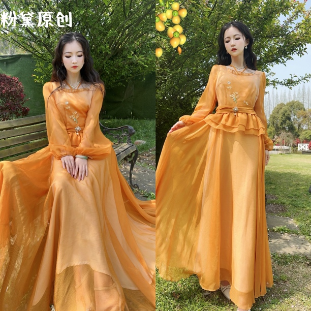 粉黛原创 丹华仙裾 设计感优雅显瘦法式飘逸垂顺大摆连衣裙