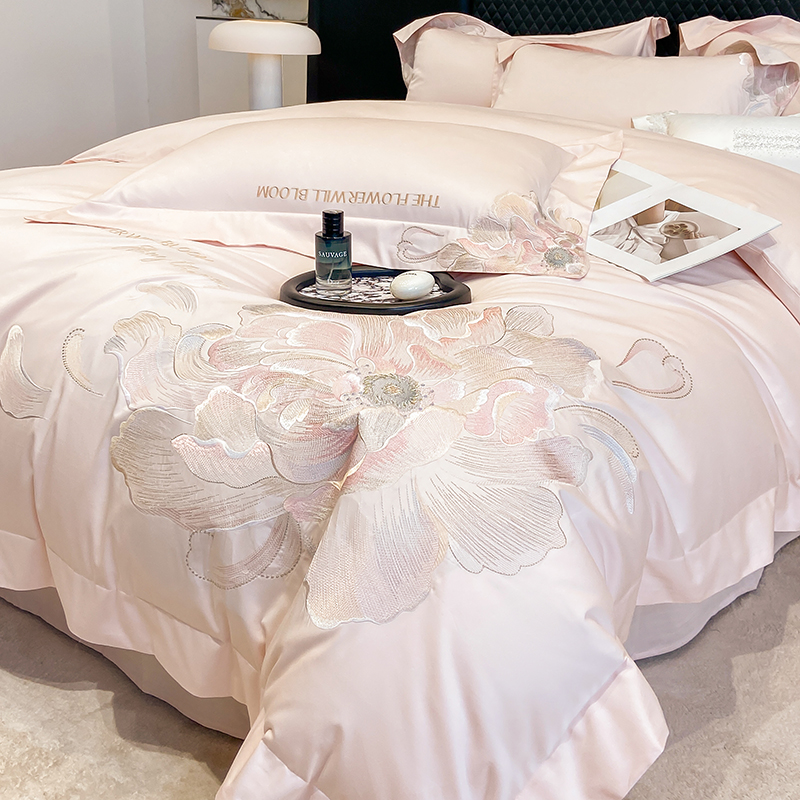 轻奢A类长绒棉纯棉四件套全棉花卉刺绣被套亲肤裸睡床单床上用品