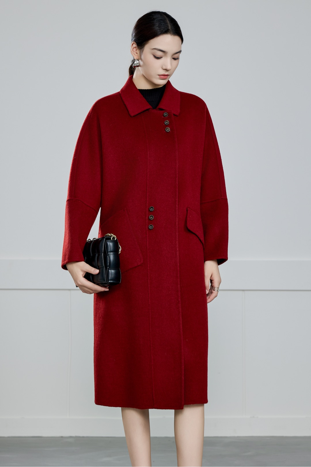 巴汀品牌时尚设计六粒扣宽松双面羊毛女式大衣外套
