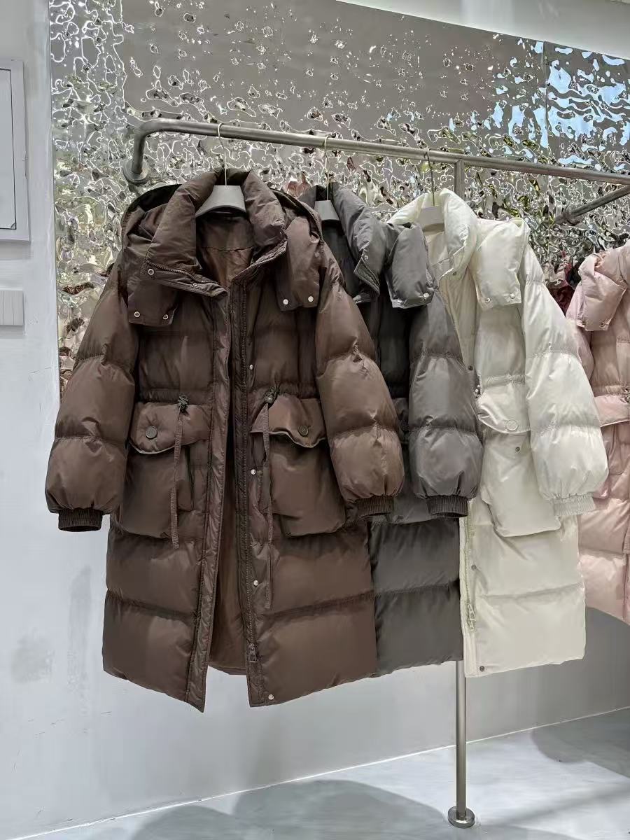 #Q816韩式羽绒中长款收腰大口袋连帽过膝羽绒外套-衣长101 L