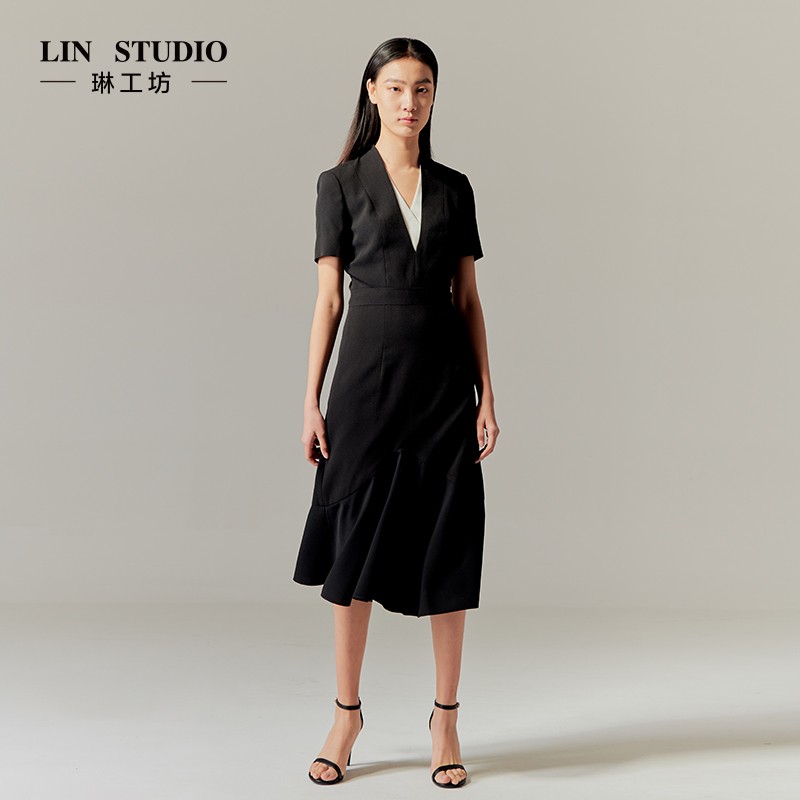 【特殊活动款 不支持退换】琳工坊黑色V领连衣裙唐琳设计师