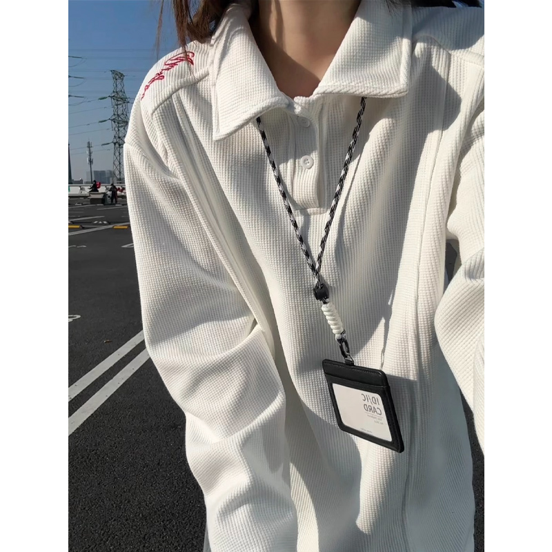 白色美式刺绣POLO衫卫衣男秋冬季加绒加厚潮牌解构亨利领长袖T恤