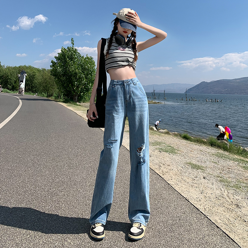 6729 夏季新款高腰破洞牛仔裤女ins潮显高显瘦辣妹拖地裤女小个子