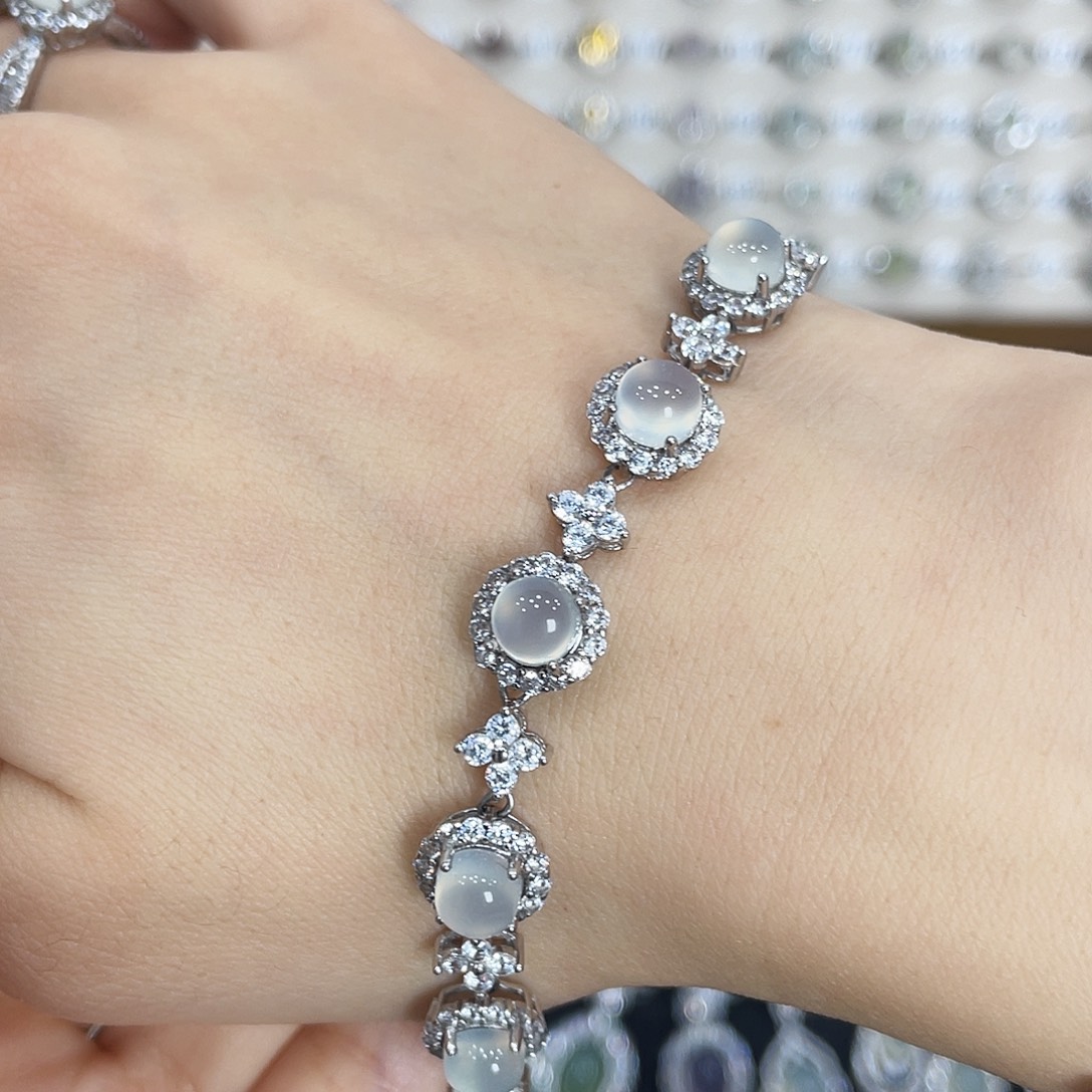 饭***冰蛇纹石玉银S925镶嵌手链