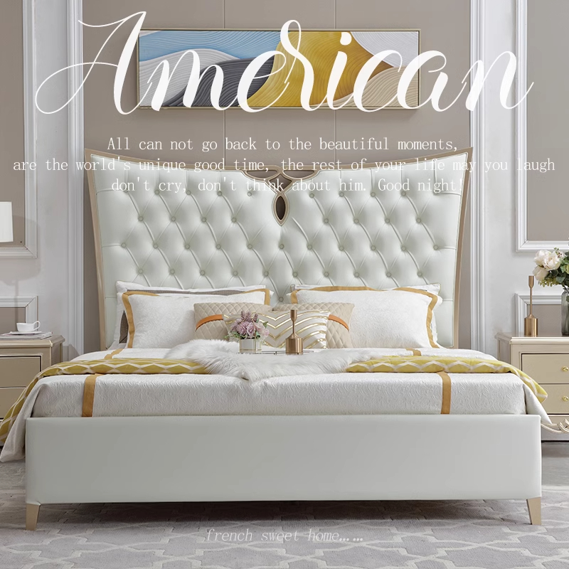 【蝴蝶】轻奢主卧大床美式实木双人床欧式公主床奢华风真皮床婚床