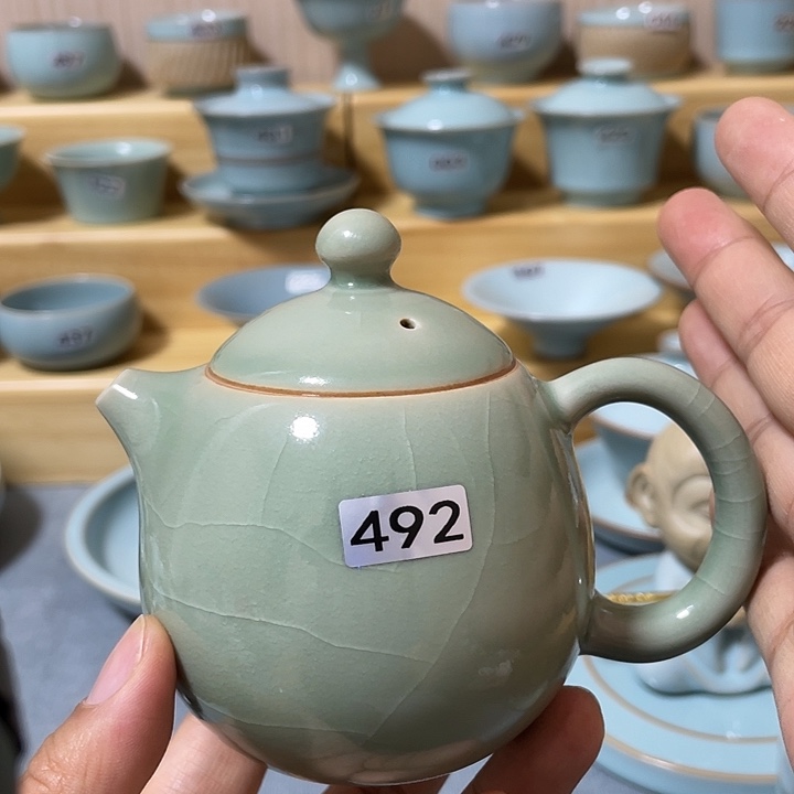 陶瓷杯子微瑕仿古绿釉手工壶