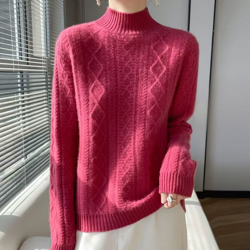 100%羊毛衫女秋冬季时尚七针加厚绞花针织衫半高领打底衫扭花毛衣