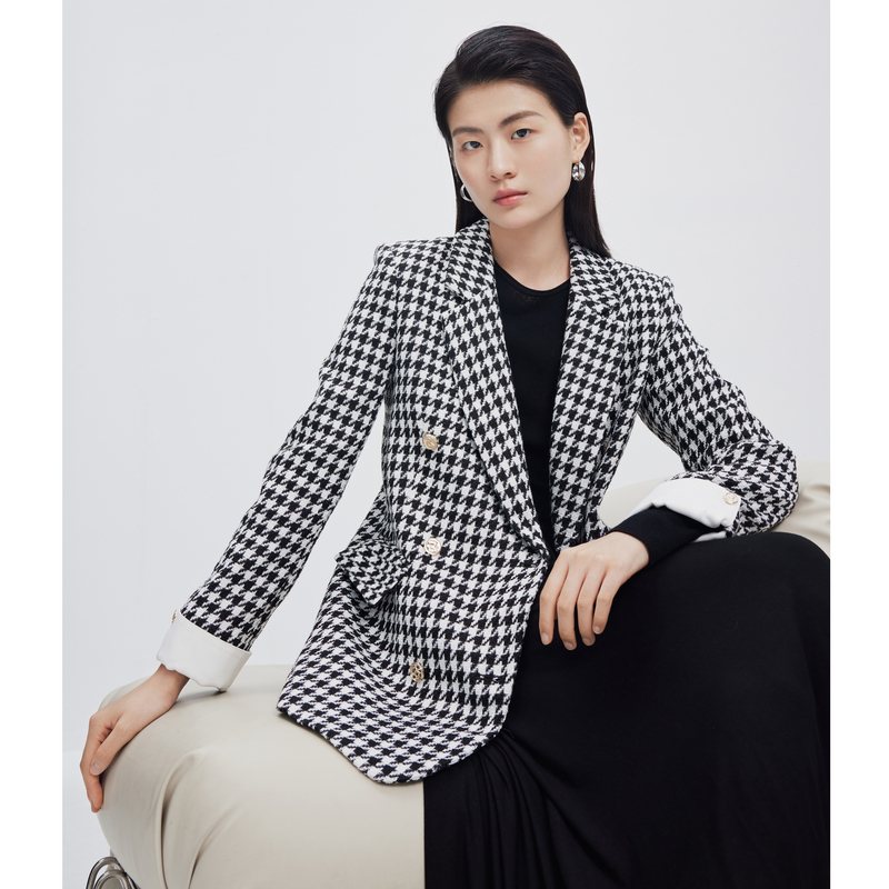 籽言专属LEISURE/三彩·丽雪复古时髦色织千鸟格小香风外套0904