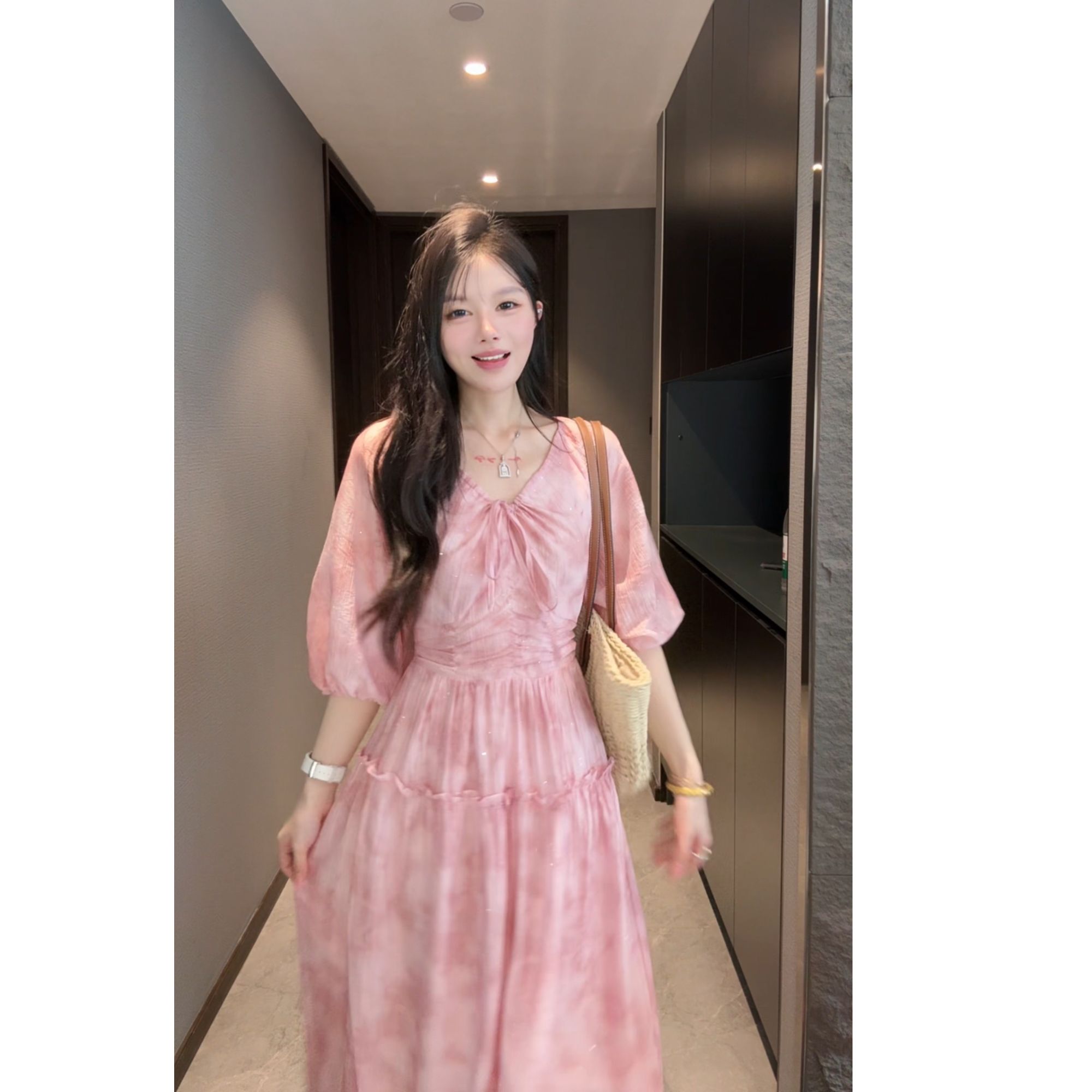 【一蕾】25年新款粉色甜美七分袖法式温柔风收腰小个子连衣裙