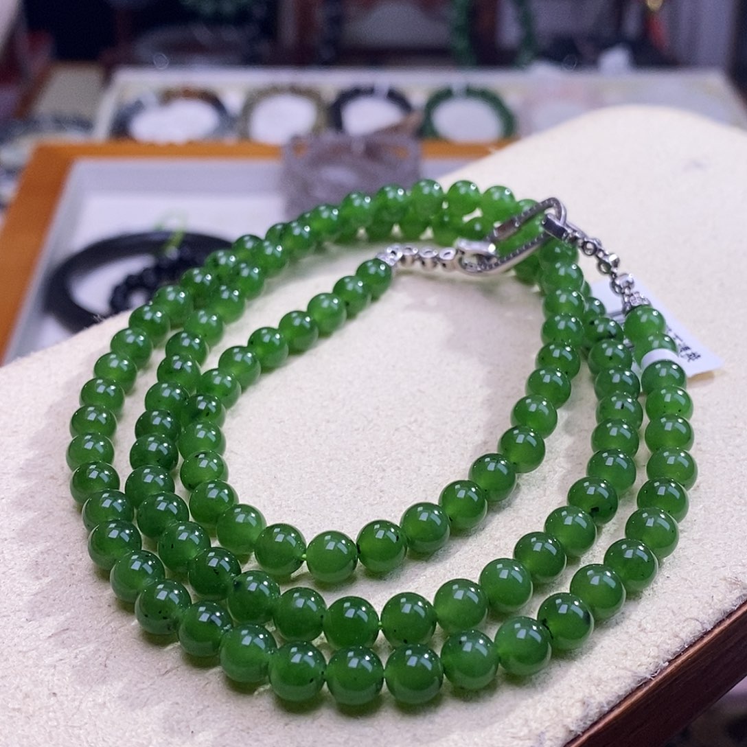 颈饰未镶嵌和田玉碧玉银镶项链6MM