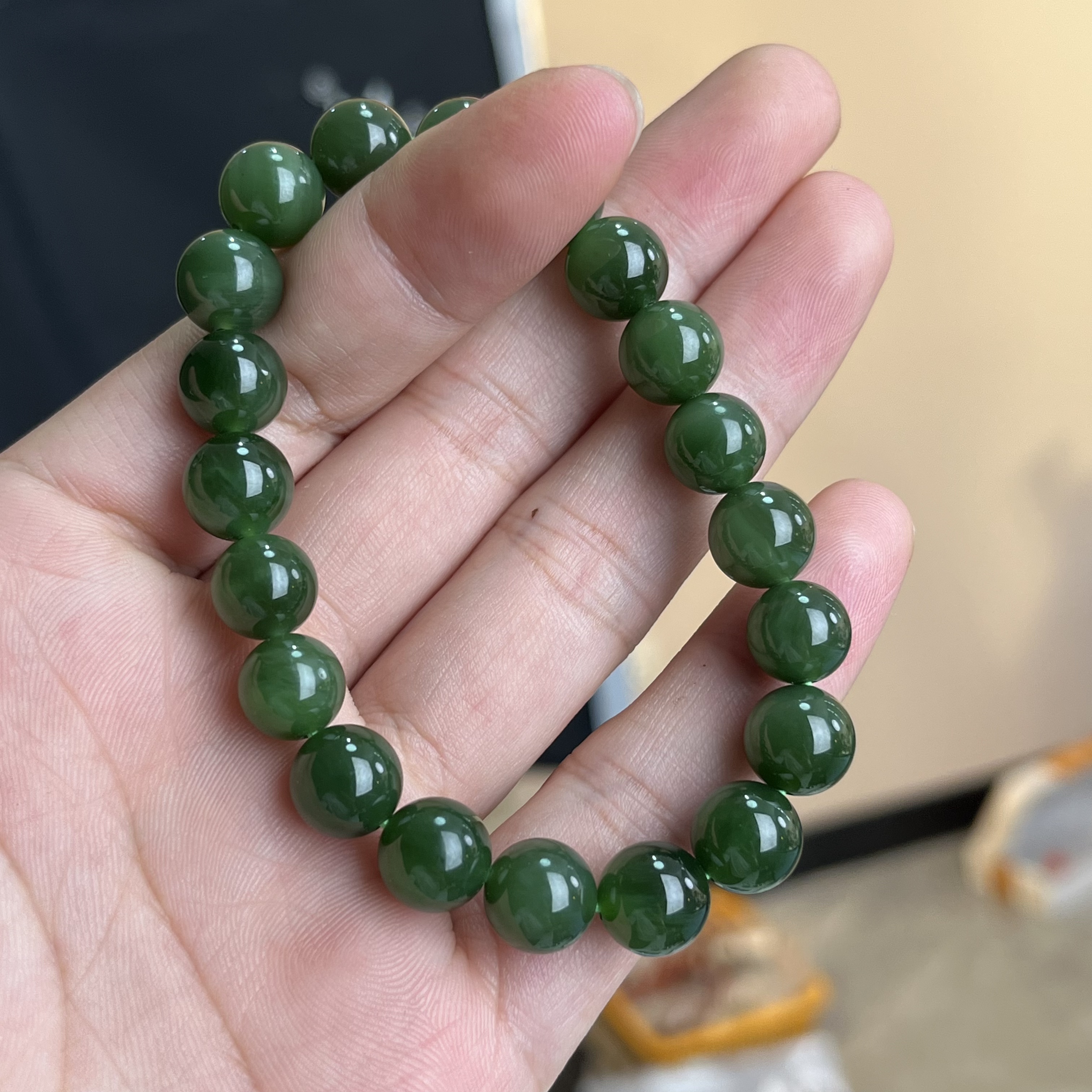 碧玉菠菜绿圆珠单圈手串约10mm