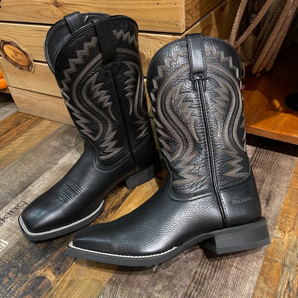 西部牛仔真皮刺绣中筒骑士靴男款方头黑色复古骑行靴西部靴骑马靴