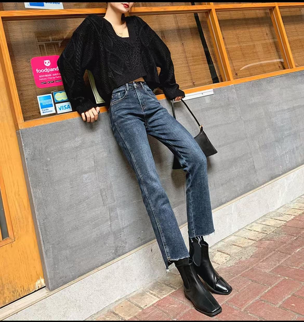 青瓷蓝磨毛牛仔裤女025春季新款高腰显瘦宽松牛仔裤女8178