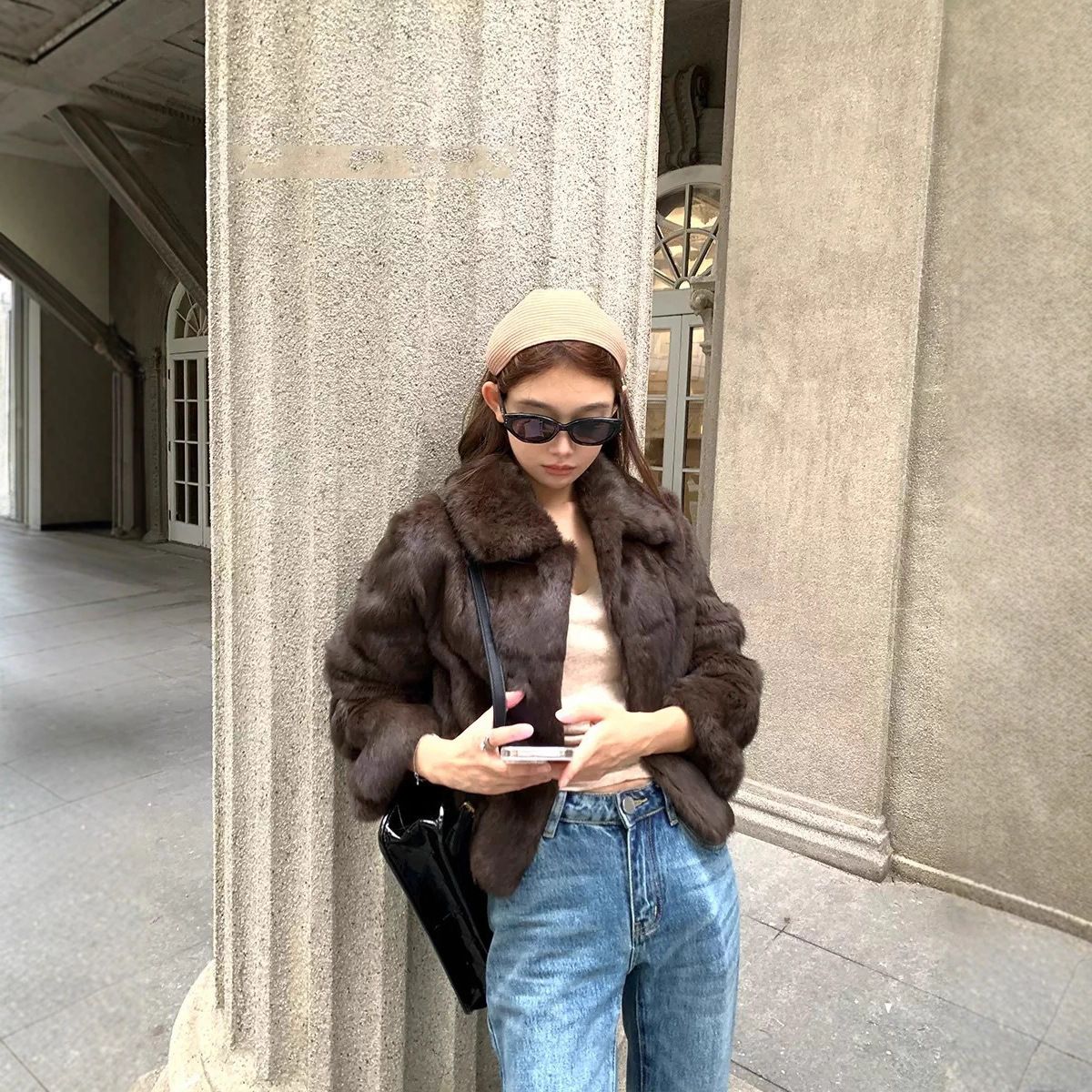 上东老钱风复古兔毛外套皮毛一体短款高级感2025秋冬新款小个子暖