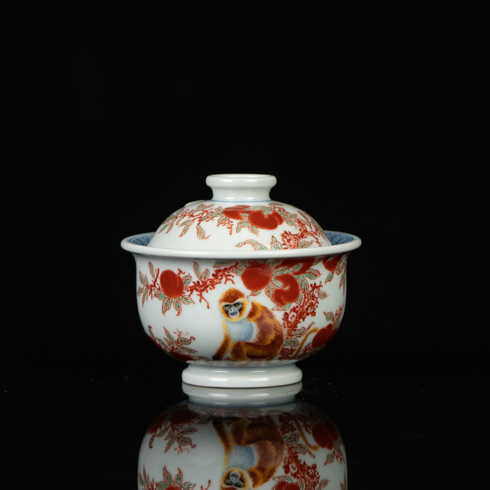 【利贞】红绿彩余毅金丝猴元宝盖碗约130cc纯手绘制茶具LQT