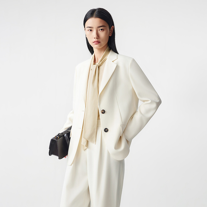 LANCY/朗姿2025冬新款气质高级感羊毛西装外套女白色通勤职业西服
