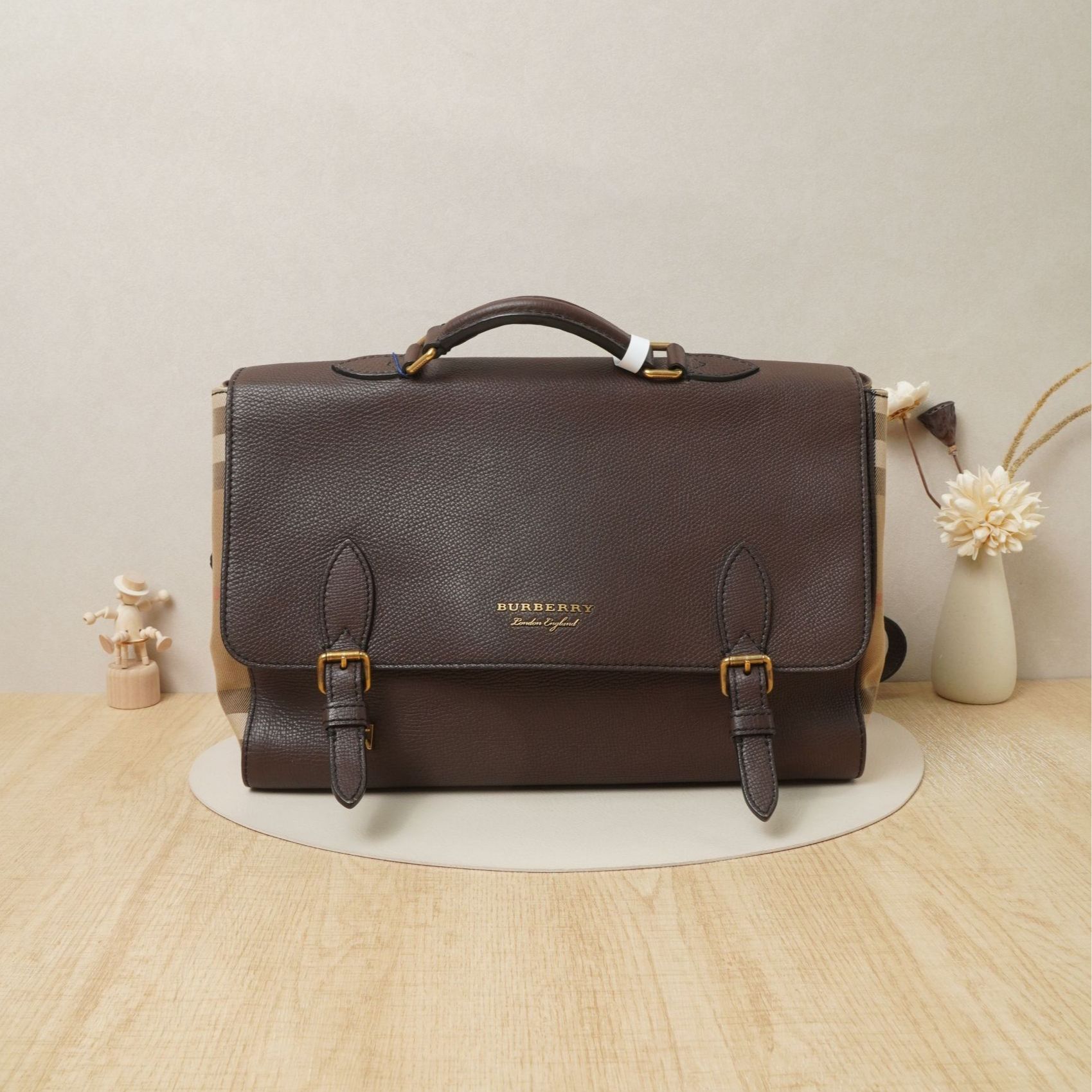 95新 BURBERRY/博柏利 手提斜挎包牛皮格纹帆布拼皮/DS200977