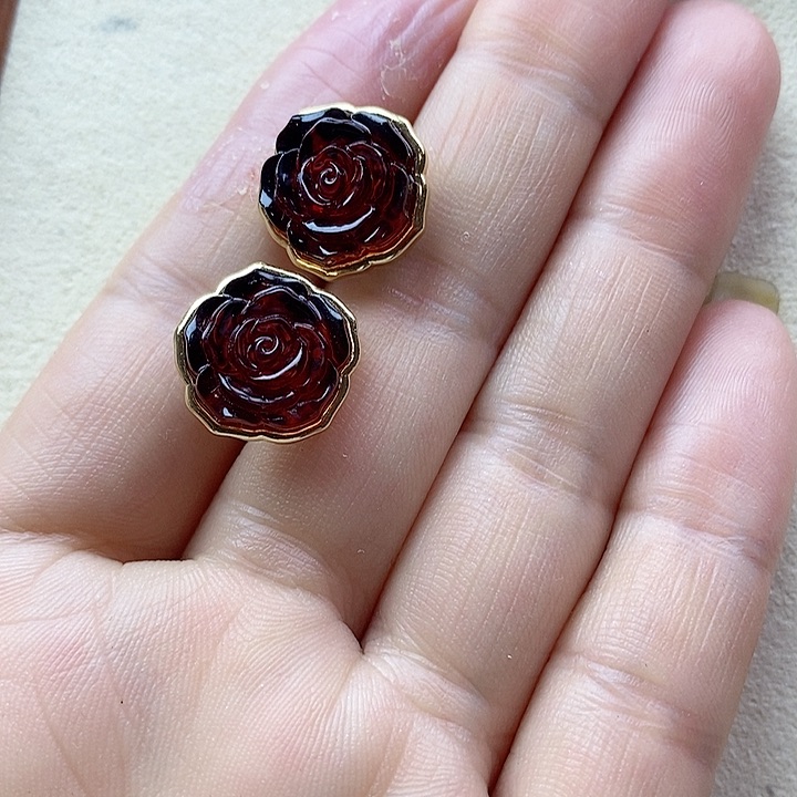 银S925镶嵌血珀耳饰玫瑰花血珀耳钉