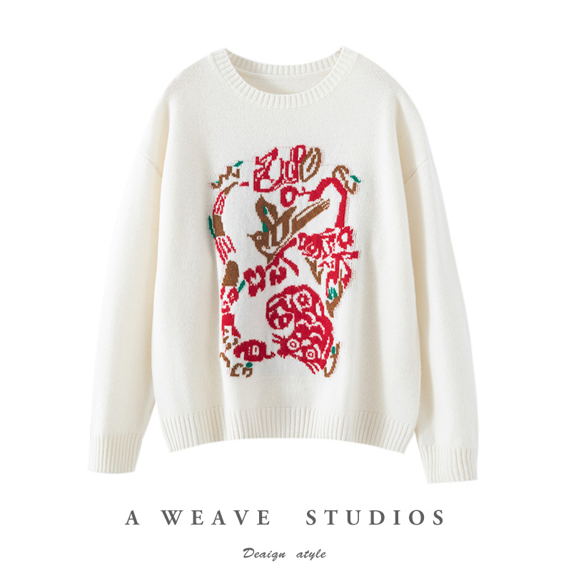 五福临门新年战袍羊毛衫100%纯羊毛针织打底圆领宽松羊绒毛衣秋冬