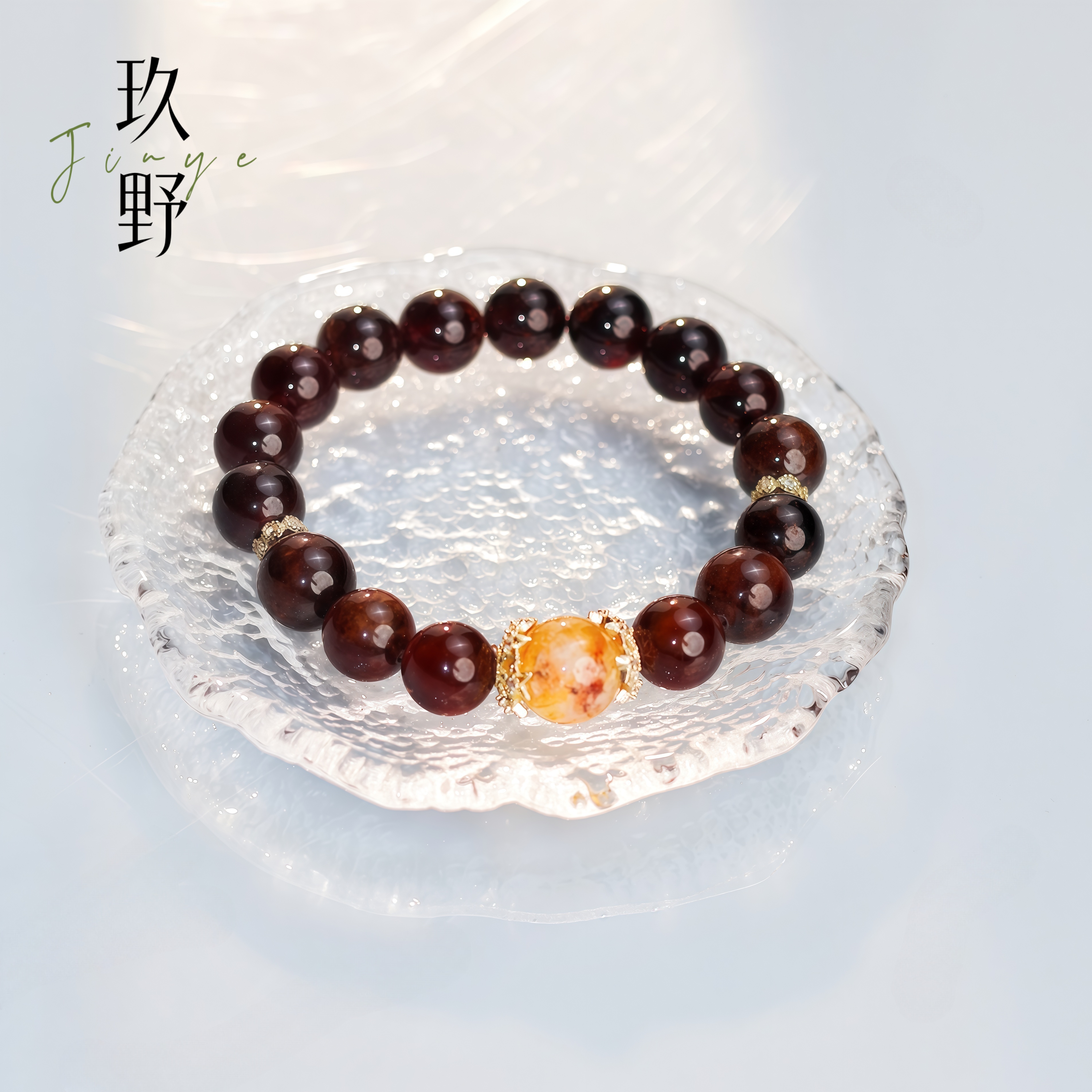 玖野JIU YE天然牛血红石榴石单圈水晶手串链女款送闺蜜女友贵气感