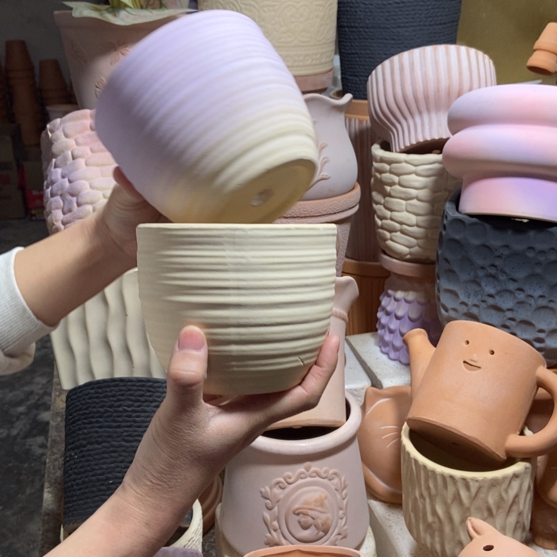 12×10拉丝盆 紫+白 粗陶2个