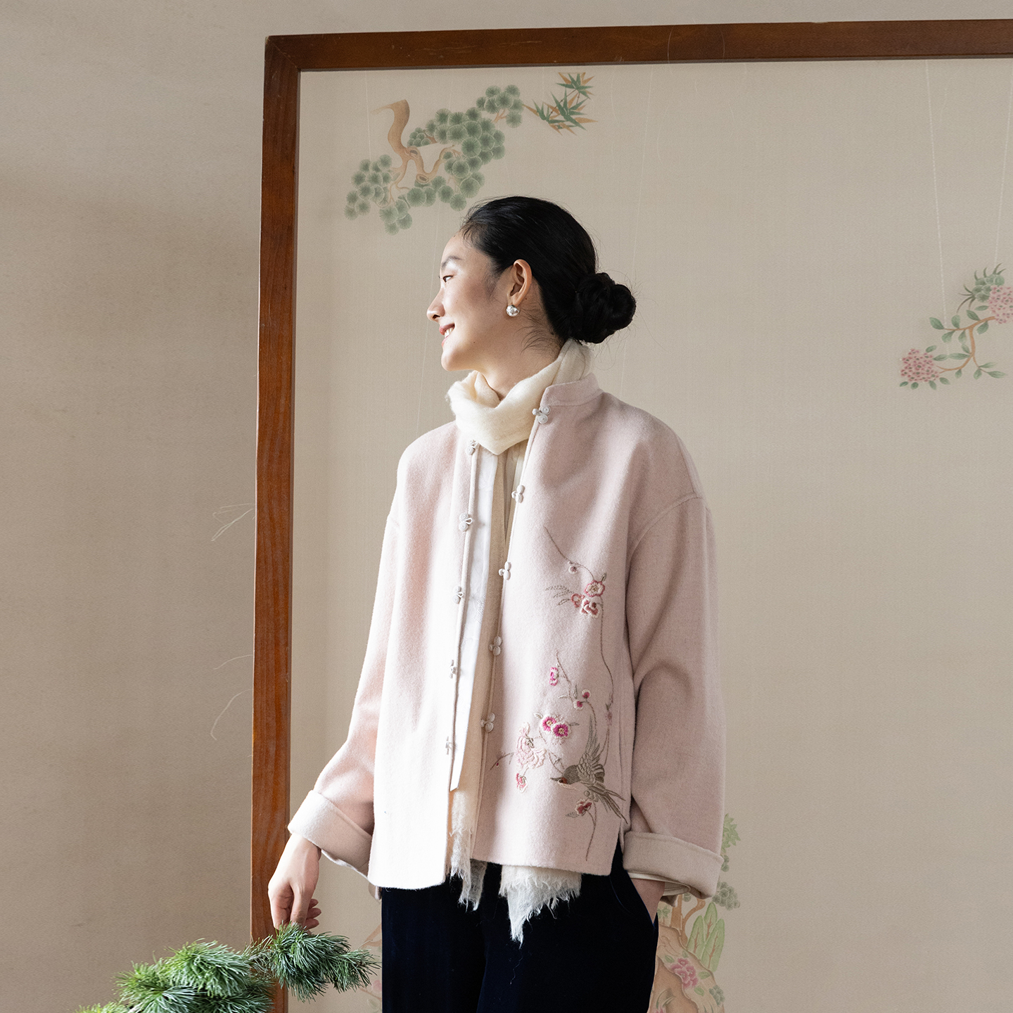 牧衣游原创 绵羊毛混纺手绣毛呢外套东方新中式双面呢开衫 书简
